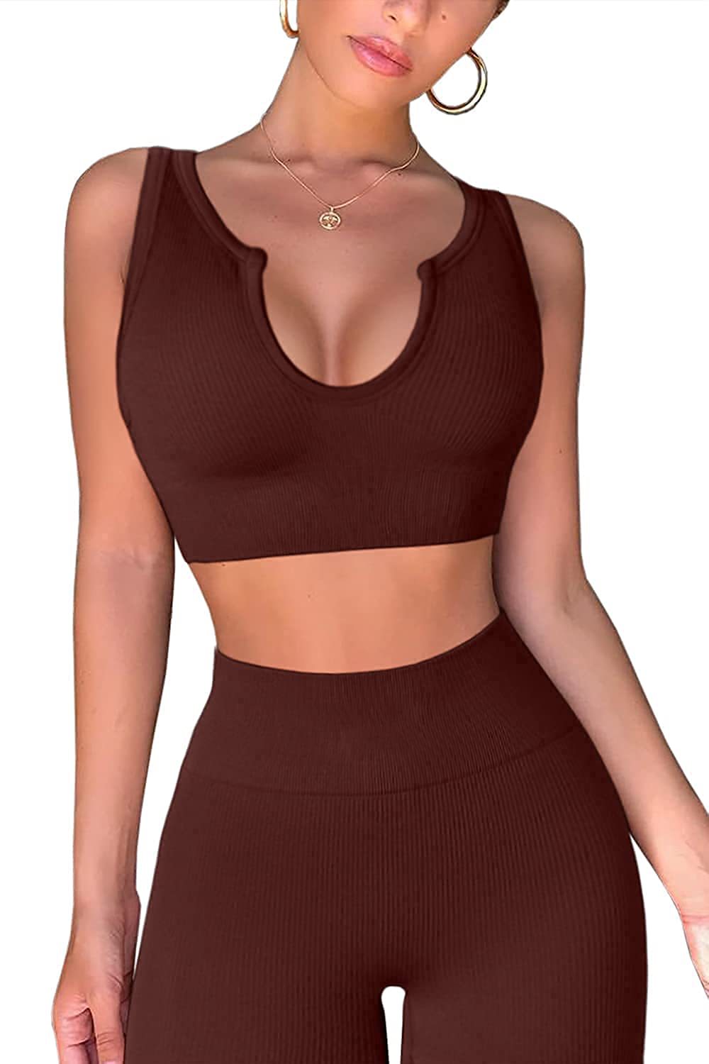 Workout Outfits for Women 2 Piece Ribbed Seamless Crop Tank High Waist Yoga Leggings Sets