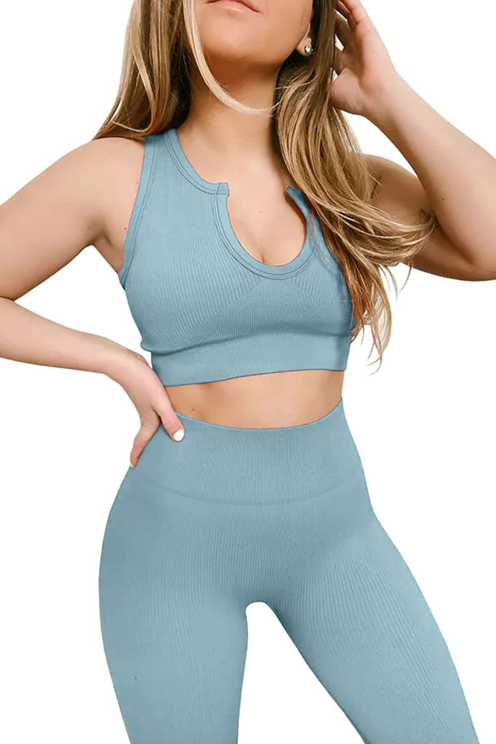 Workout Outfits for Women 2 Piece Ribbed Seamless Crop Tank High Waist Yoga Leggings Sets