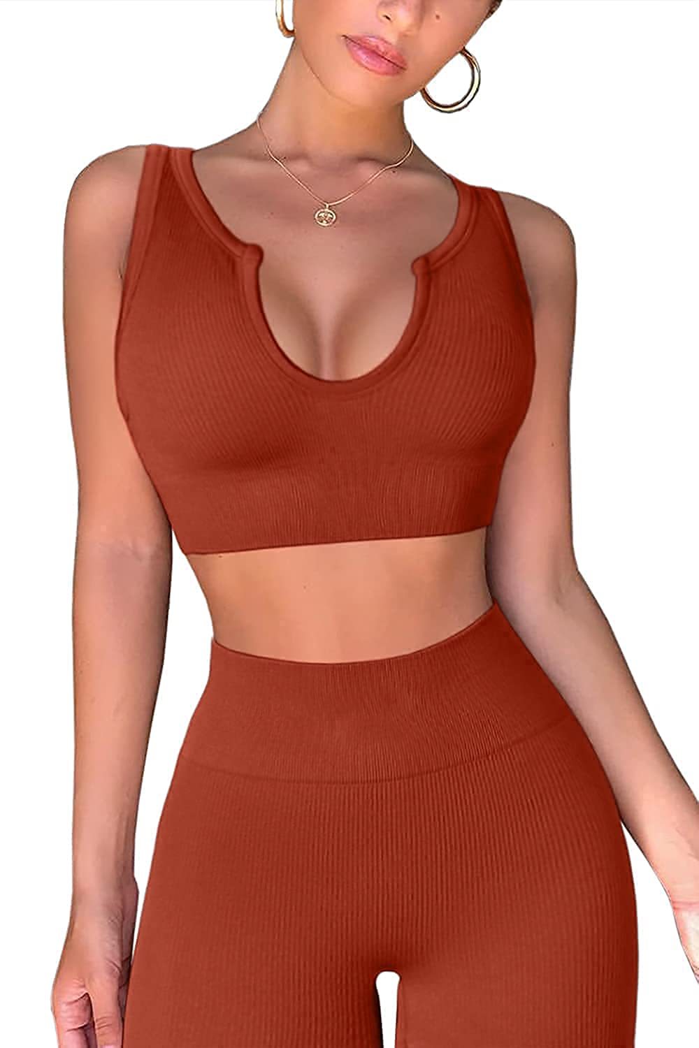Workout Outfits for Women 2 Piece Ribbed Seamless Crop Tank High Waist Yoga Leggings Sets